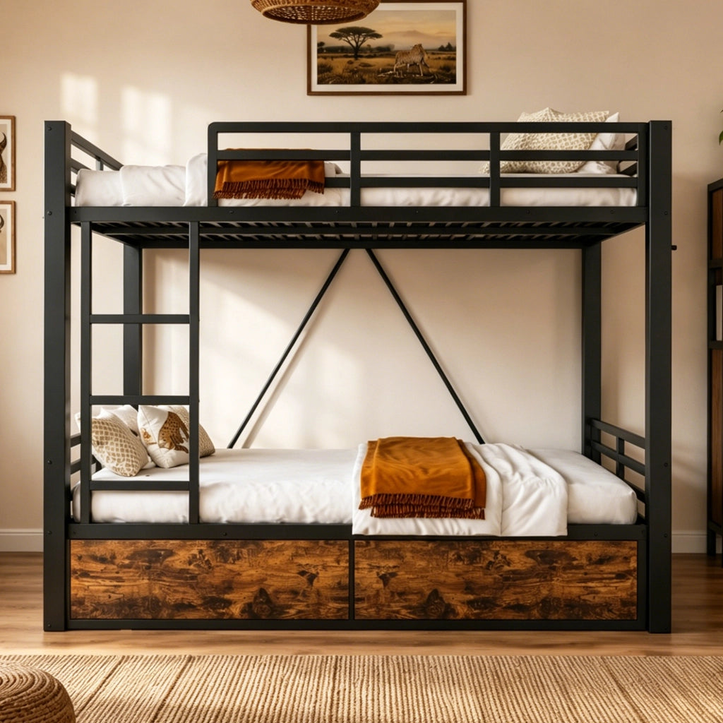 Letto a castello matrimoniale 140 × 200 cm con cassetti, scala e barriere di sicurezza, senza materasso, nero