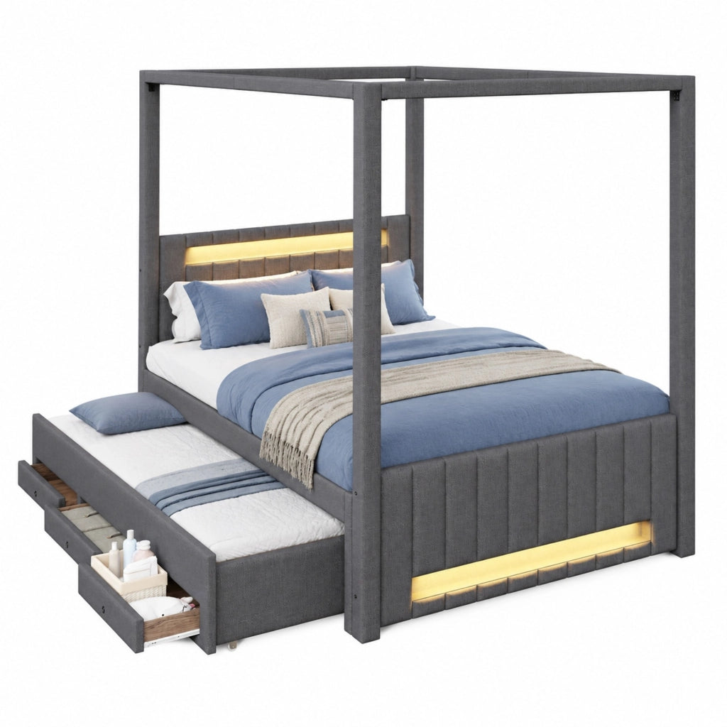 Letto a baldacchino imbottito 140x200 cm con letto estraibile; 3 cassetti e LED; grigio