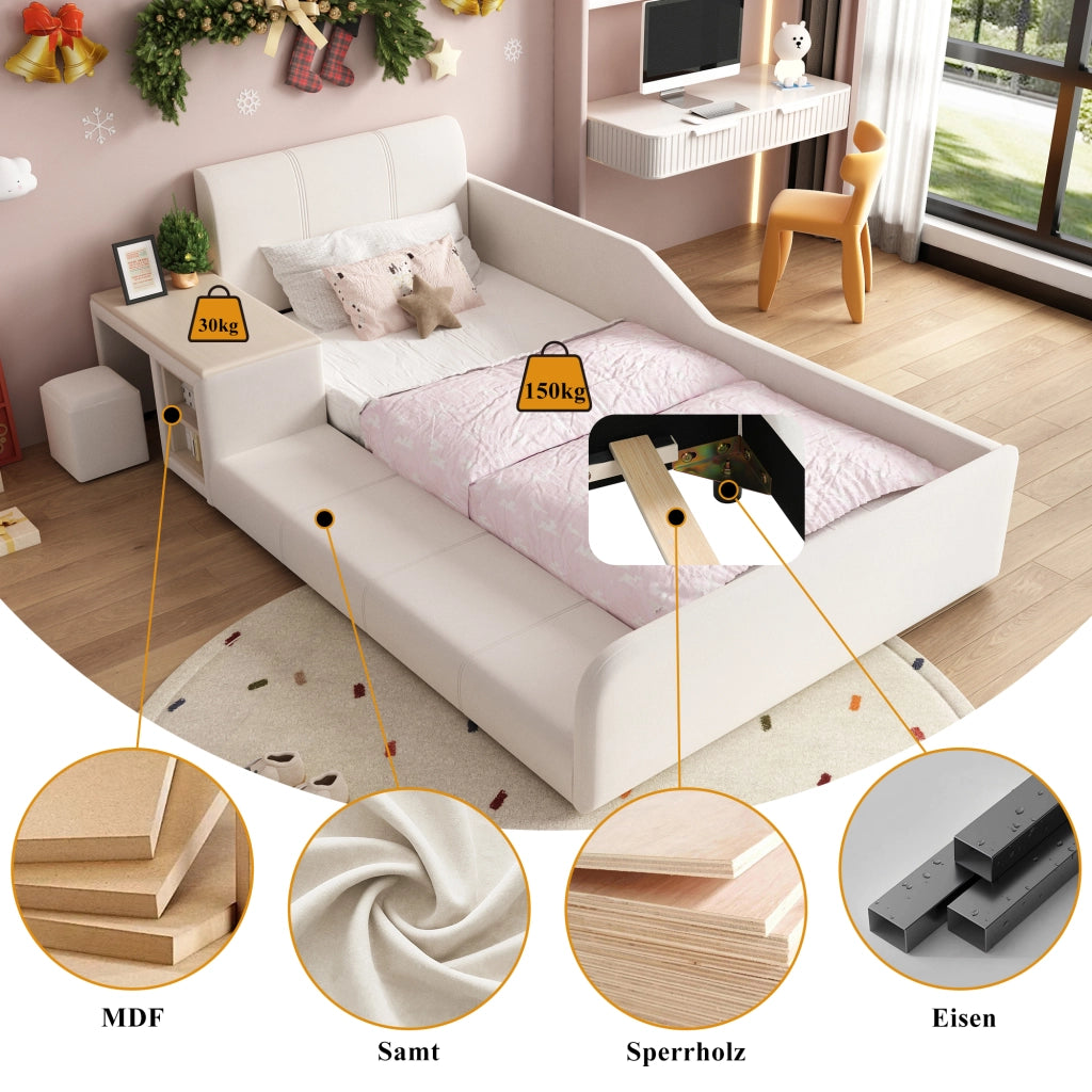 OKWISH Letto combinato 90×200 cm, Letto Singolo con Scrivania, Sgabello e Ripiano, senza Materasso, in Velluto, Bianco