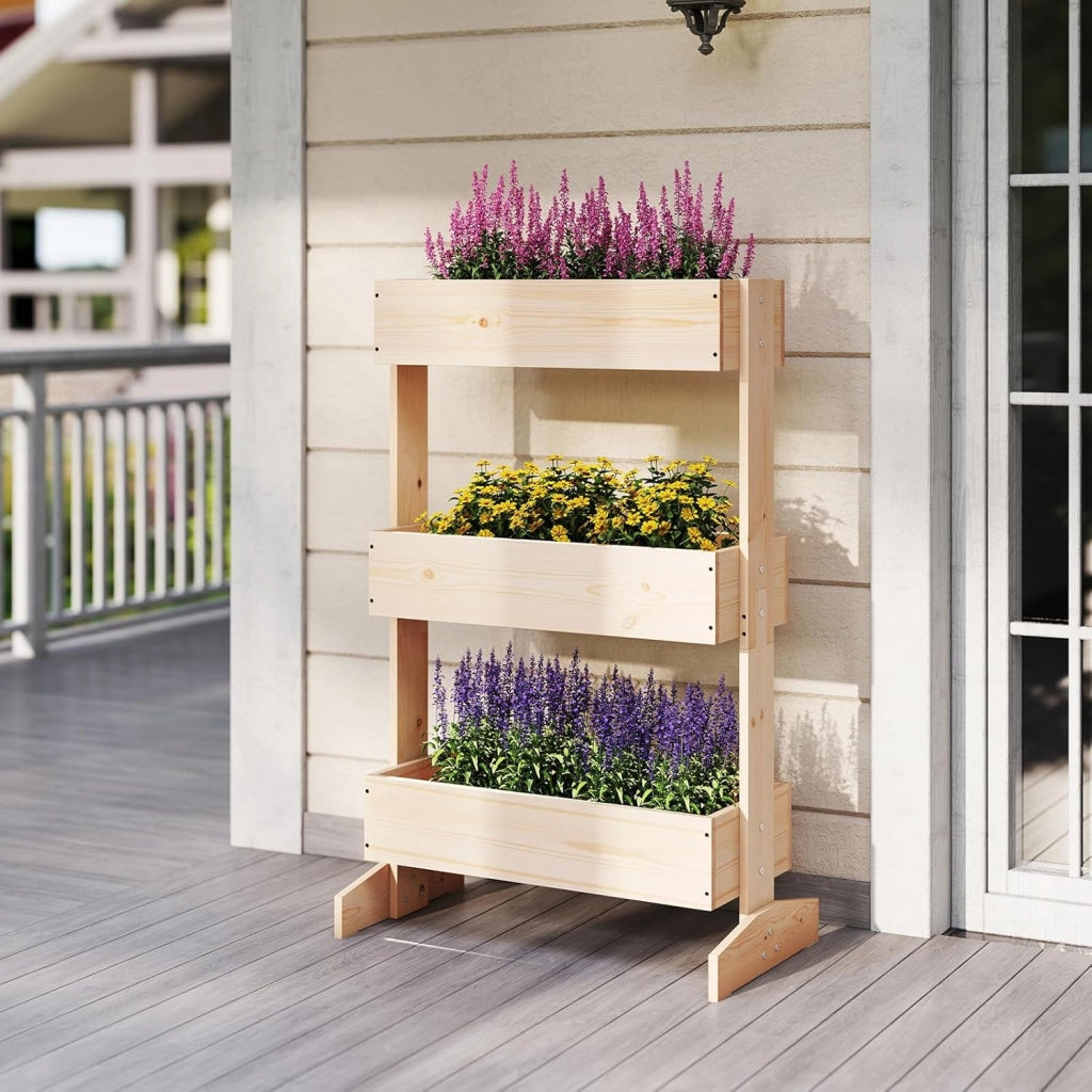 Letto da Giardino Rialzato a 3 Livelli, Fioriere in Legno da Interno e Esterno per Fiori, Verdure ed Erbe, Supporto per Vasi da Fiori Autoportante per Patio, Balcone e Giardino