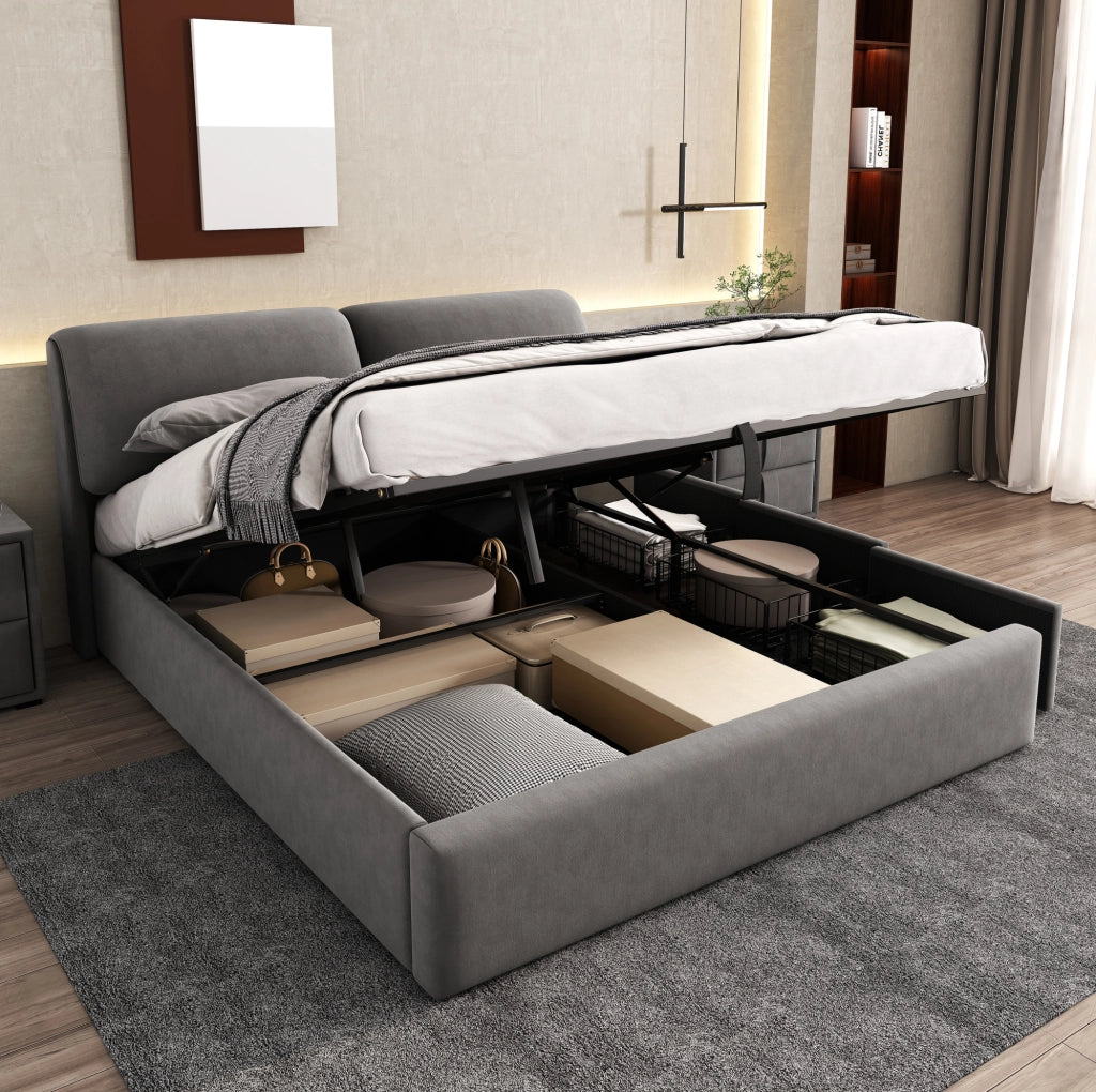 Letto imbottito 180x200 cm in velluto grigio con contenitore