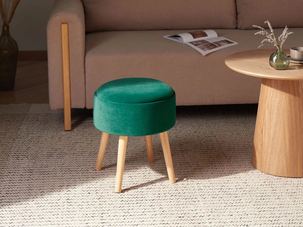 Pouf in velluto imbottito verde smeraldo con contenitore stile glamour elegante soggiorno camera da letto