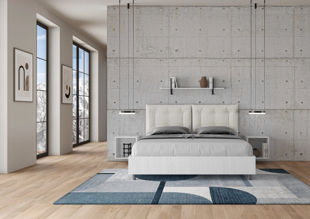 BS COM Letto matrimoniale contenitore doppia alzata 160x190 bianco frassino cuscini similpelle bianco
