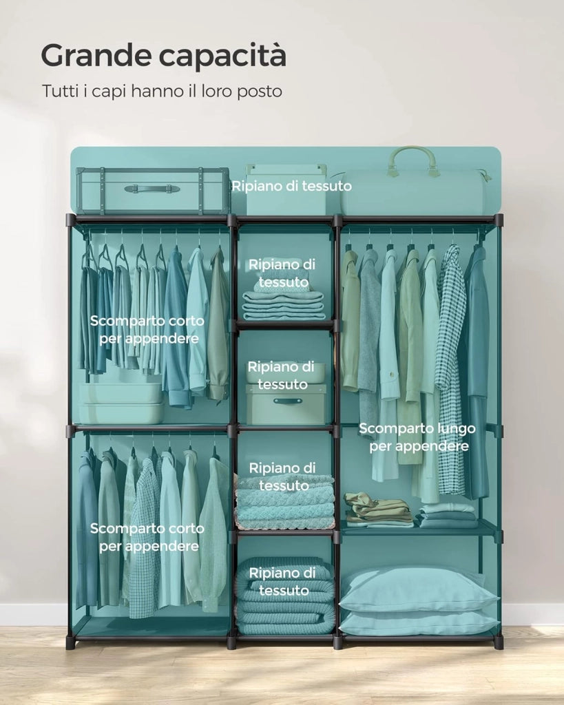 SONGMICS Armadio, Guardaroba Autoportante, con Barre Appendiabiti, Portabiti Ripiani in Tessuto, Struttura in Metallo, 182 x 43 x 182 cm, Nero Inchiostro RYG037B02