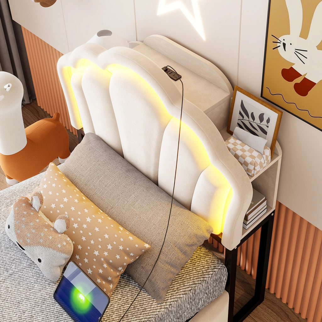 LETTO imbottito 90x200 cm in velluto beige con contenitore idraulico, LED e prese