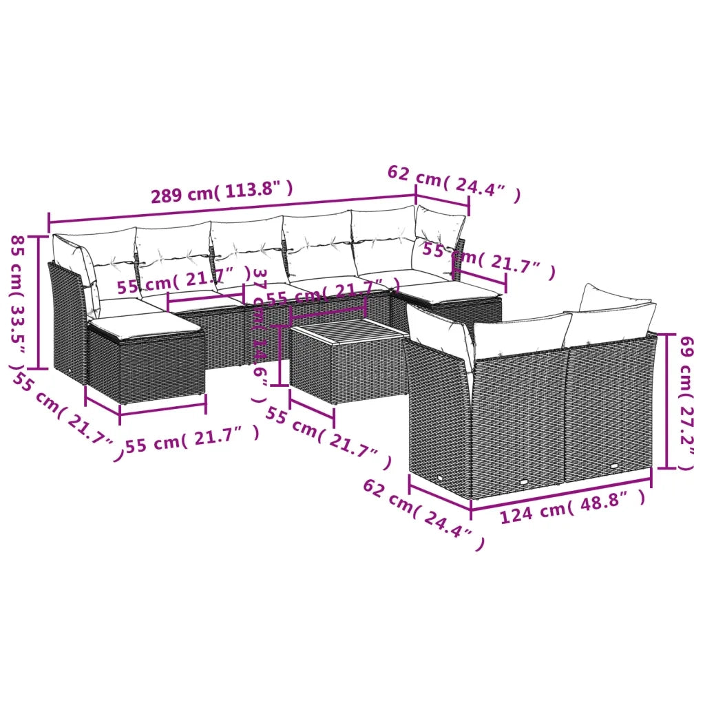 Set Divani da Giardino 10pz con Cuscini in Polyrattan Nerocod mxl 87924