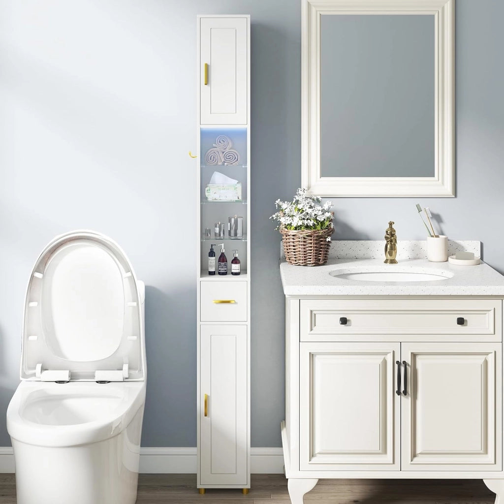 Colonna Bagno Alta, Ripiano in Vetro Temperato, Luce a 3 Colori, Piccolo Mobile di Stoccaggio Bagno, 2 Ante, 1 Cassetto, per Soggiorno, Ufficio, 20 x 20 x 181 cm(4Ripiano-2, Bianco)