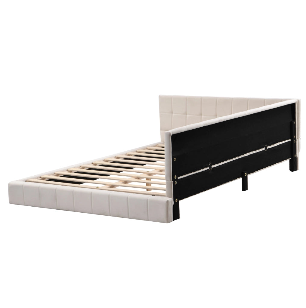 Letto a giorno matrimoniale 140x200 cm in tessuto con rete a doghe; beige