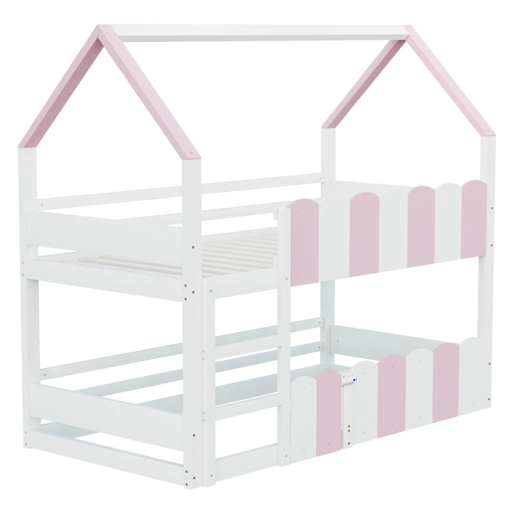 Letto a castello ULEVR 90x200 cm a forma di casa con scala e sponde di sicurezza, rosa e bianco