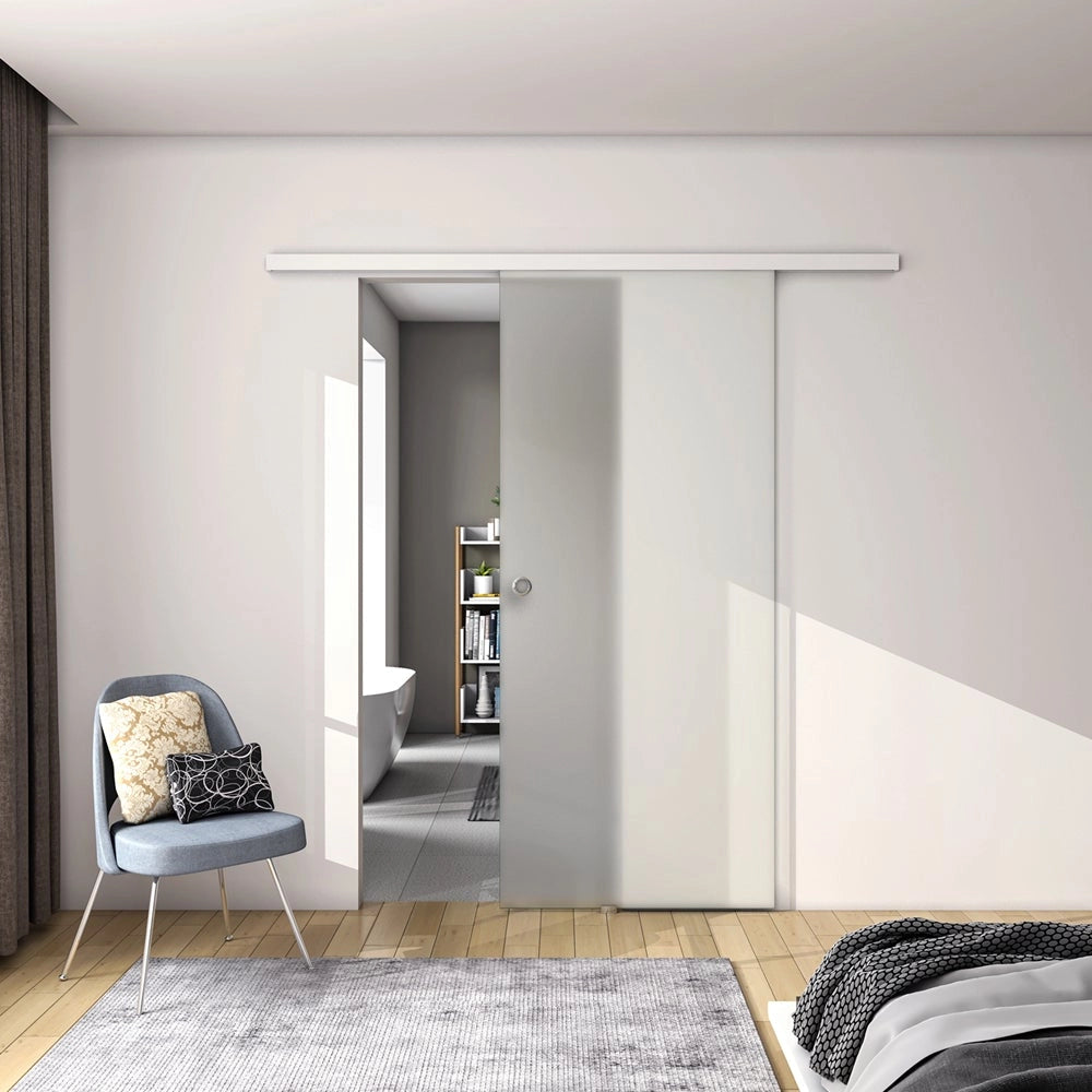 80x225 cm Porta Scorrevole in Vetro da 8 mm Temperato Opaco con Pellicola Anti-frantumi con Binario in Alluminio Bianco Verniciato
