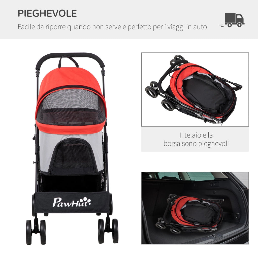 Passeggino per Cani Pieghevole 82x49,5x98 cm con Tettuccio Rosso