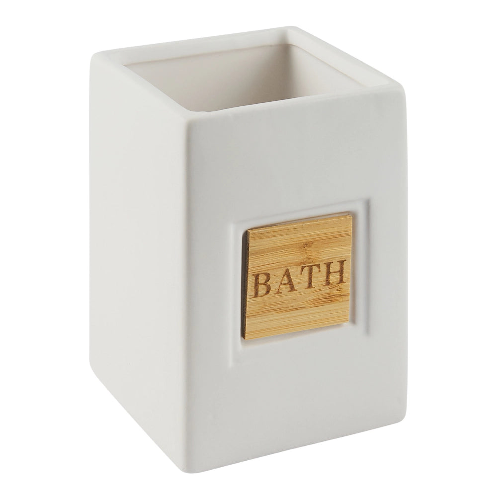 Set di 4 Accessori Bagno in Ceramica beige e legno chiaro dispenser sapone portasapone Bicchiere Portaspazzolino