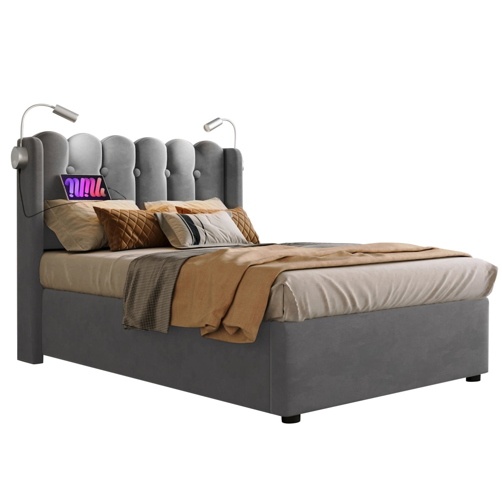 Letto singolo 90x200 cm in velluto grigio con luce da lettura; USB e contenitore