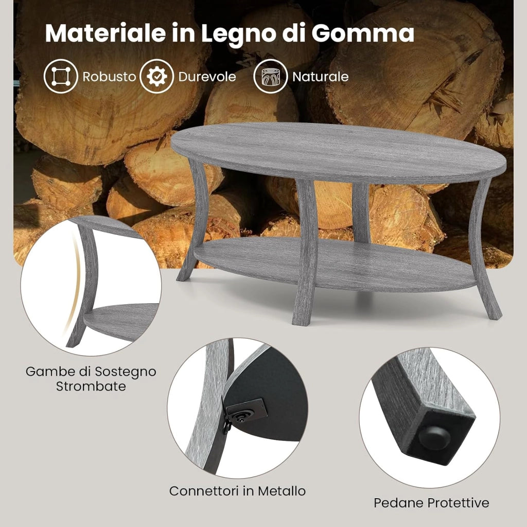 Tavolino da Caffè Ovale a 2 Livelli, Tavolino Basso da Salotto in Legno con Ampio Piano e Ripiano Aperto, Design Rustico per Soggiorno, Ufficio e Studio, 111 x 60,5 x 47 cm (Grigio)