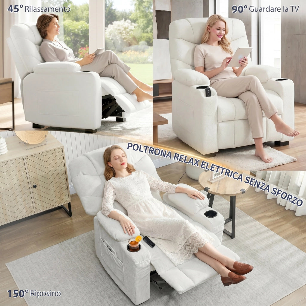 Poltrona Relax Elettrica 94x90x105 cm Reclinabile 150° con Poggiapiedi Funzione Memory Telecomando in Velluto Crema