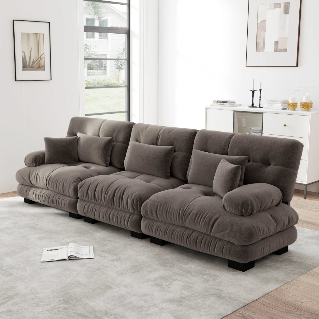 Divano angolare modulare con seduta profonda e cuscini, in ciniglia marrone per soggiorno 313 × 77 × 81 cm
