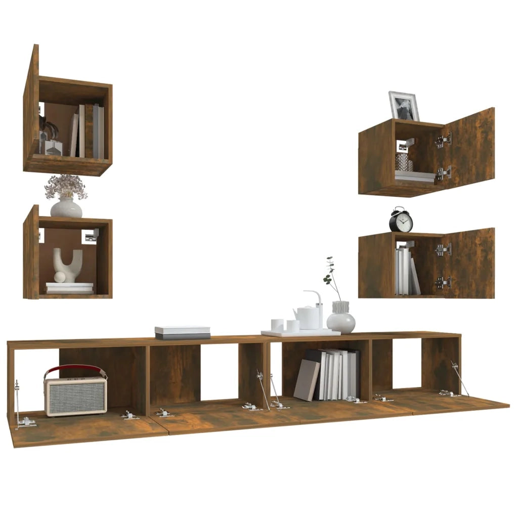 Set di Mobili Porta TV 6 pz Rovere Fumo in Legno Multistrato cod mxl 10164