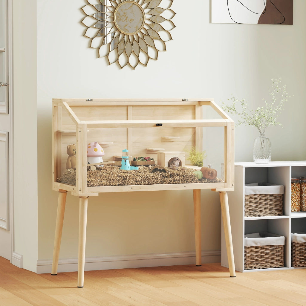 Gabbia per criceti in legno con tetto apribile 7 piattaforme 2 altalene ¨C Minimal ¨C 110x52x101cm effetto legno naturale