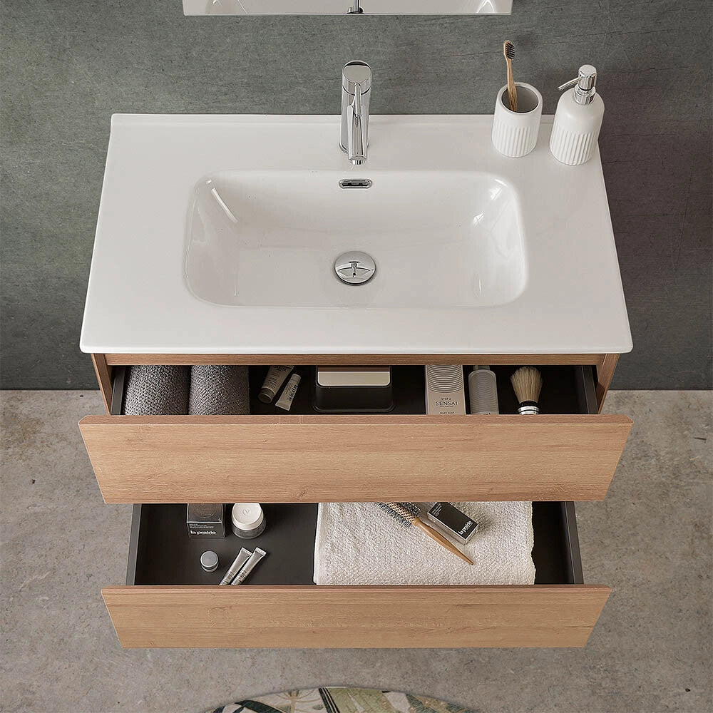 Mobile bagno sospeso 80 cm noce gold con lavabo in ceramica Dafne