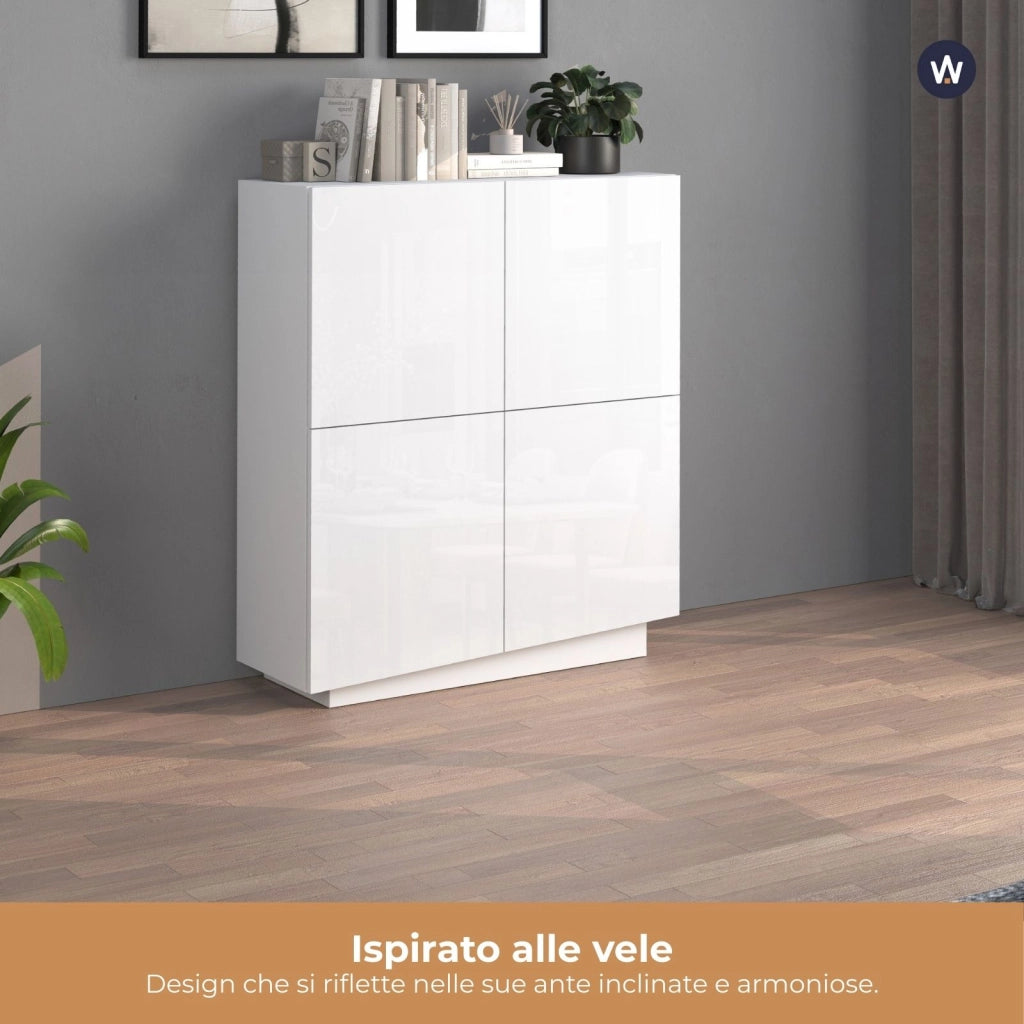 WHOUS Credenza Vela con 4 ante colore bianco lucido 100x35x120,4 cm