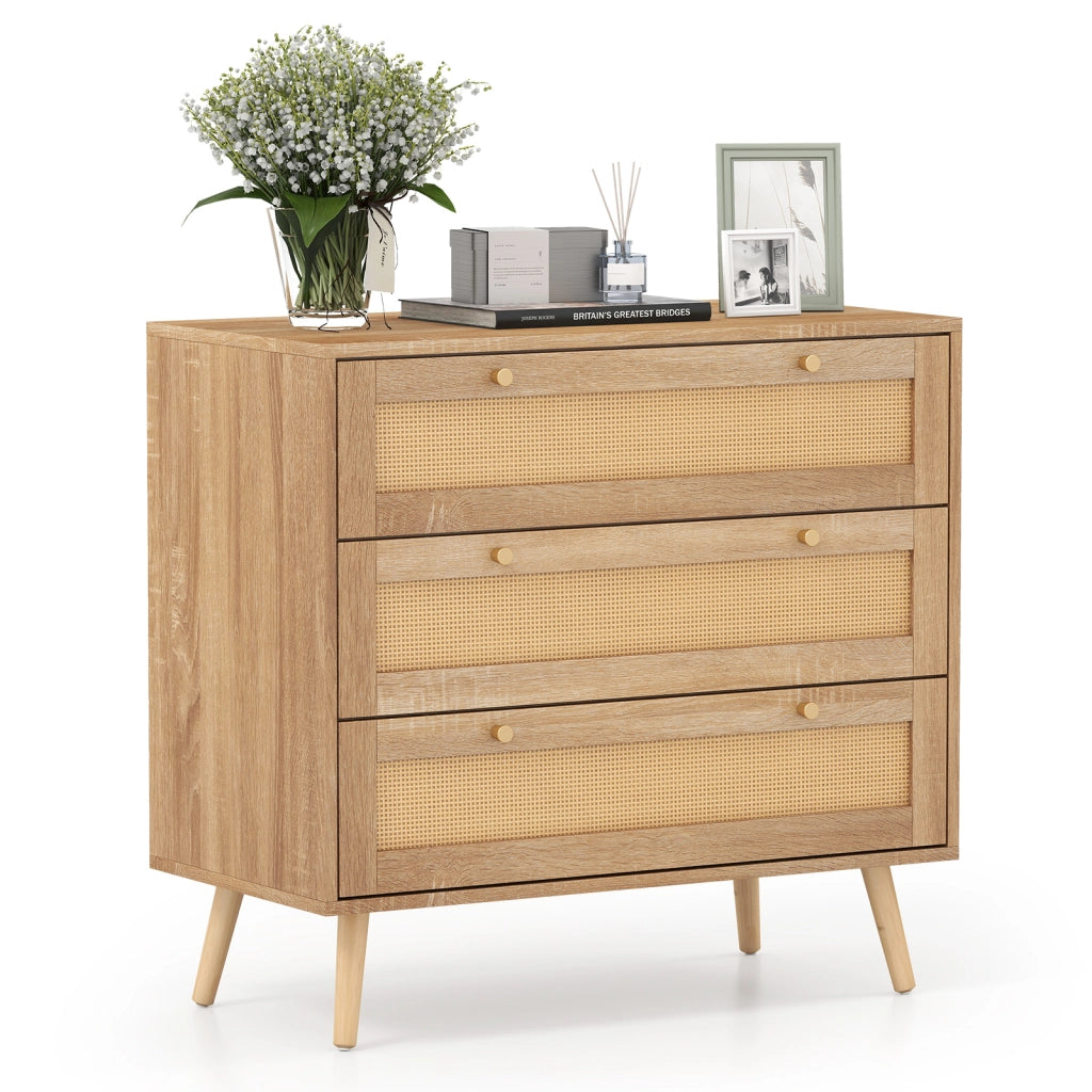 Cassettiera in rattan a 3 cassetti stile boho gambe in legno di pino, Tavolino rustico per soggiorno camera da letto e ingresso Naturale
