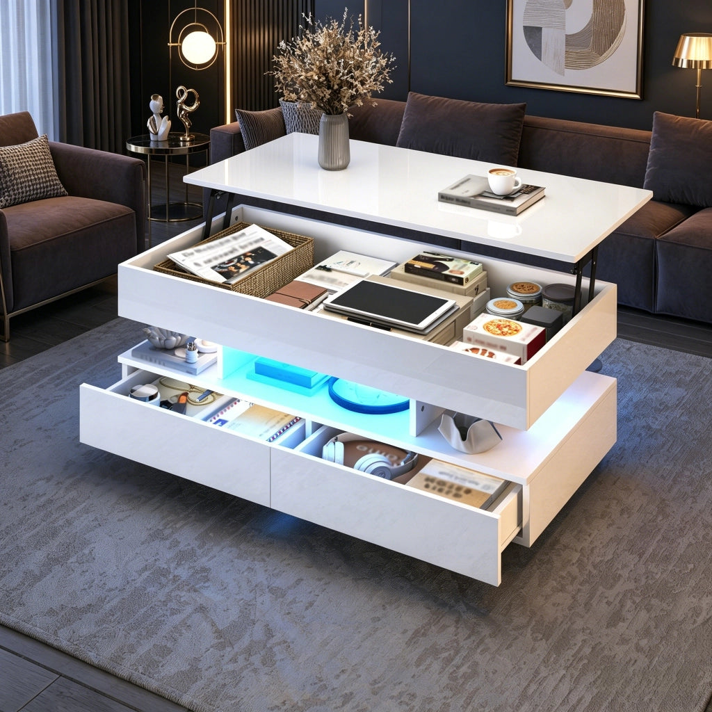 Tavolino basso sollevabile con LED, 2 cassetti e vani contenitore, per soggiorno, in truciolare, bianco 100 × 50 × 45 cm
