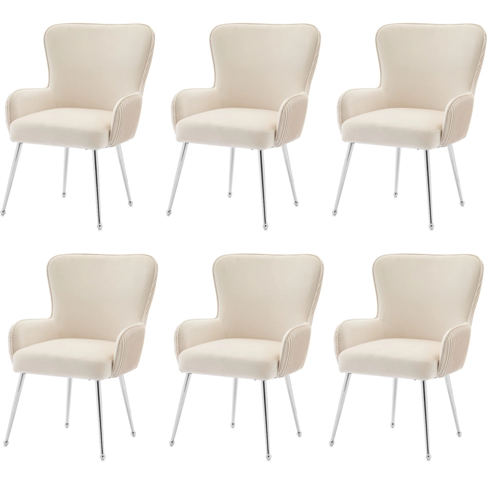 Set di 6 sedie imbottite in velluto beige con braccioli e piedini regolabili