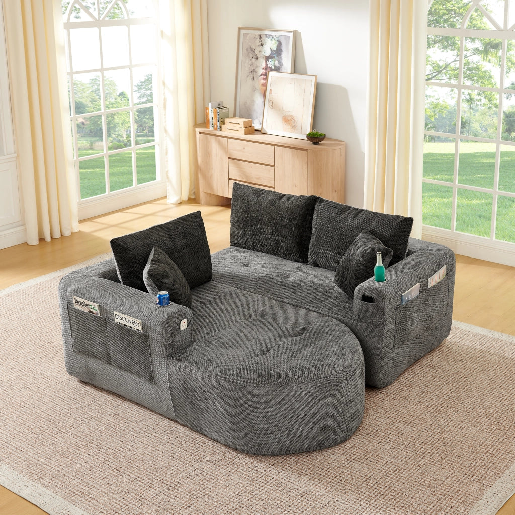 Divano angolare a L con portabicchieri in acciaio inox e tasche laterali, tessuto in lino grigio 255 × 170 × 67 cm