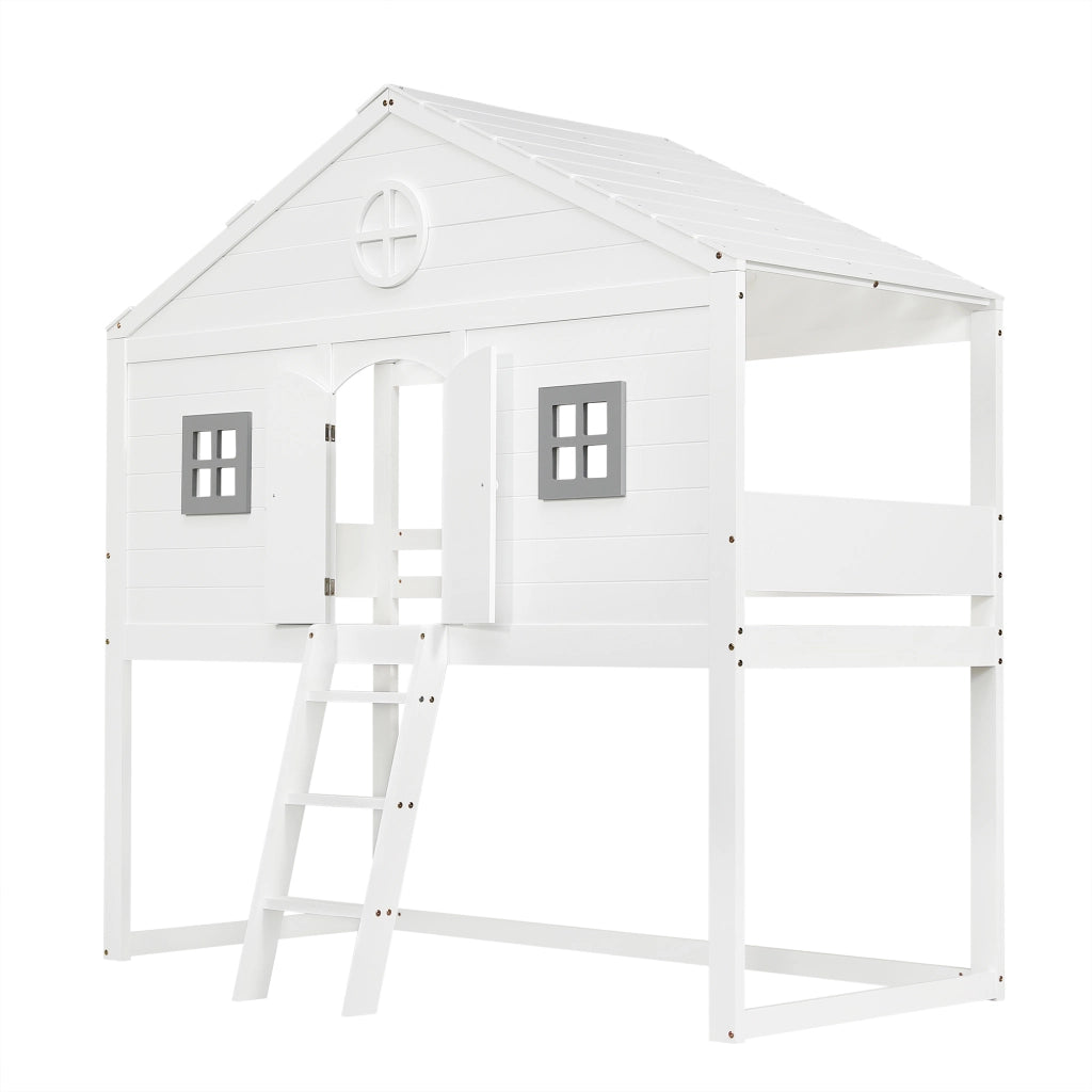 Letto a soppalco 90x200 cm con scala e protezione anticaduta; pino e MDF; bianco e grigio con finestre