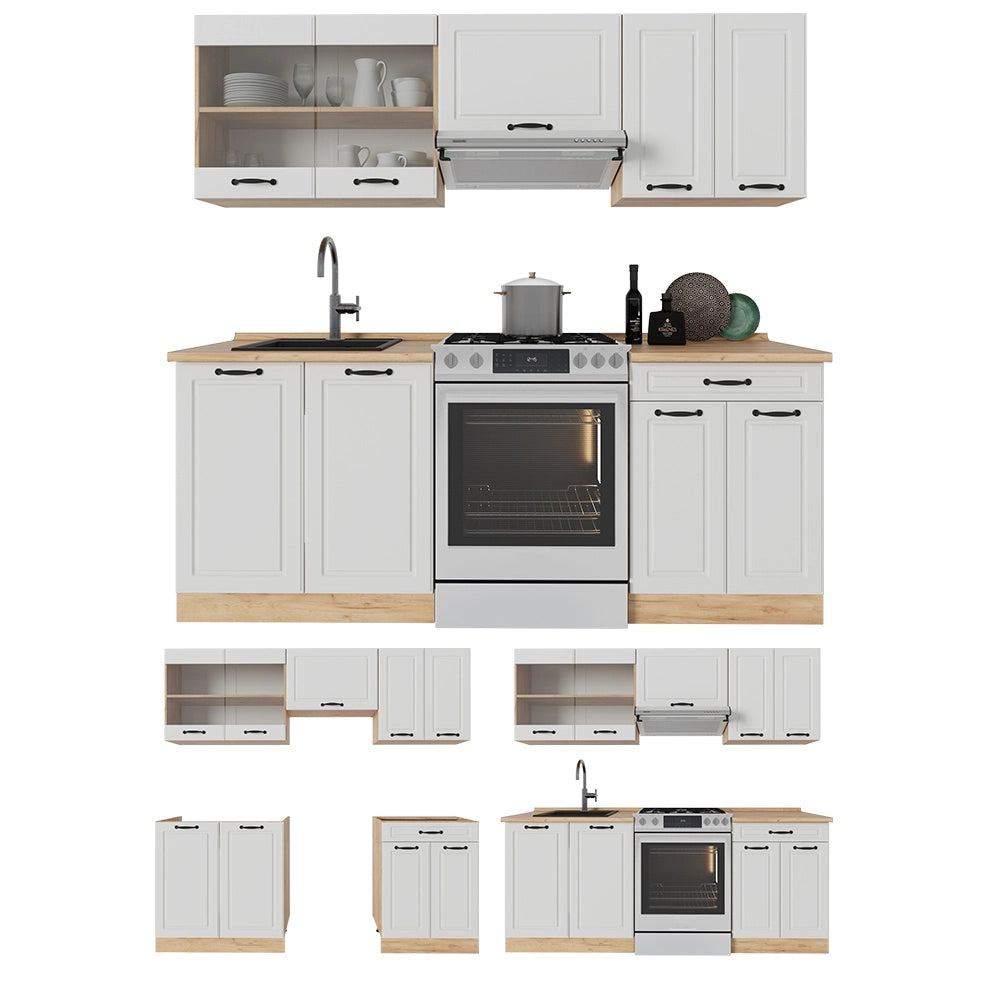 Cucina componibile R-Line Bianco rustico/Rovere dorato 200 cm, PL Marmo Vicco