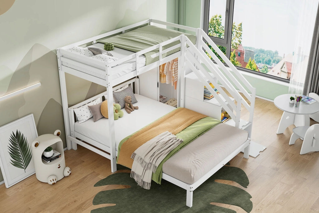 Letto a castello 90x200+140x200 con armadio e ripostiglio, bianco - Xylo