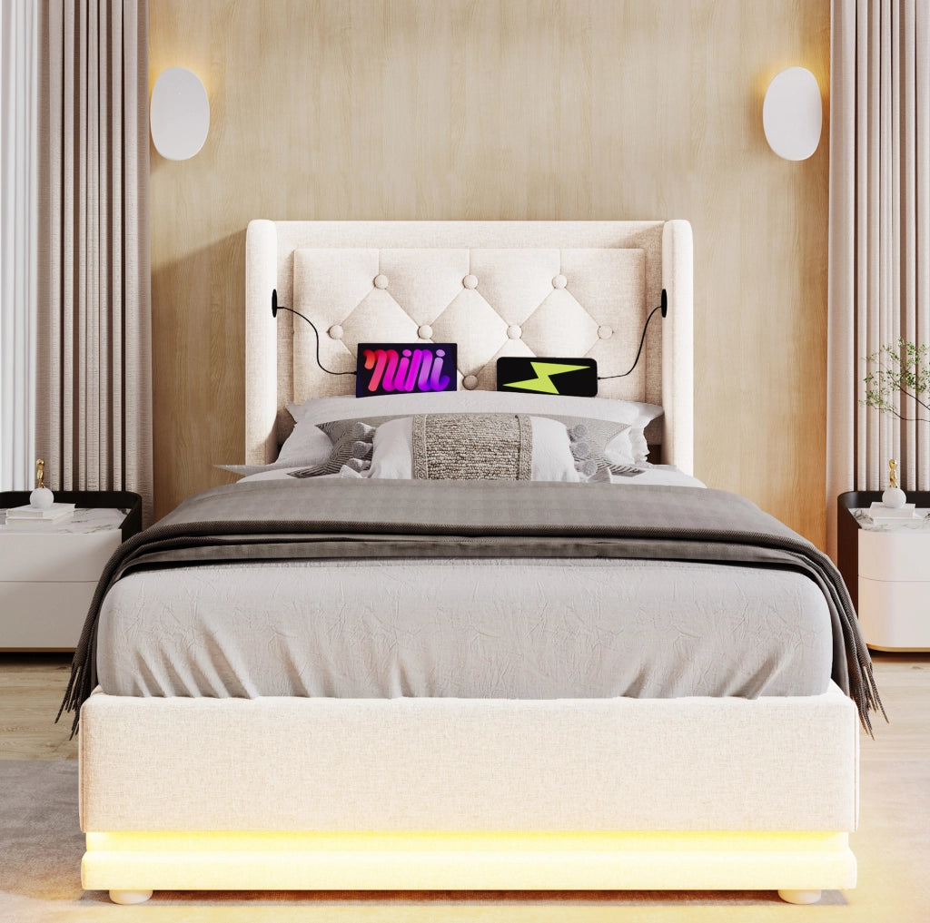 Letto singolo con contenitore 90x200 cm in cotone; LED e USB-C; beige