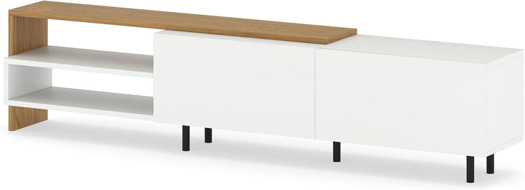 Mobile TV Lowboard TV Board con 2 ripiani aperti e 2 armadi con ante per TV fino a 80 pollici, TV comò 181 cm di lunghezza, TV Lowboard in legno con gambe in metallo