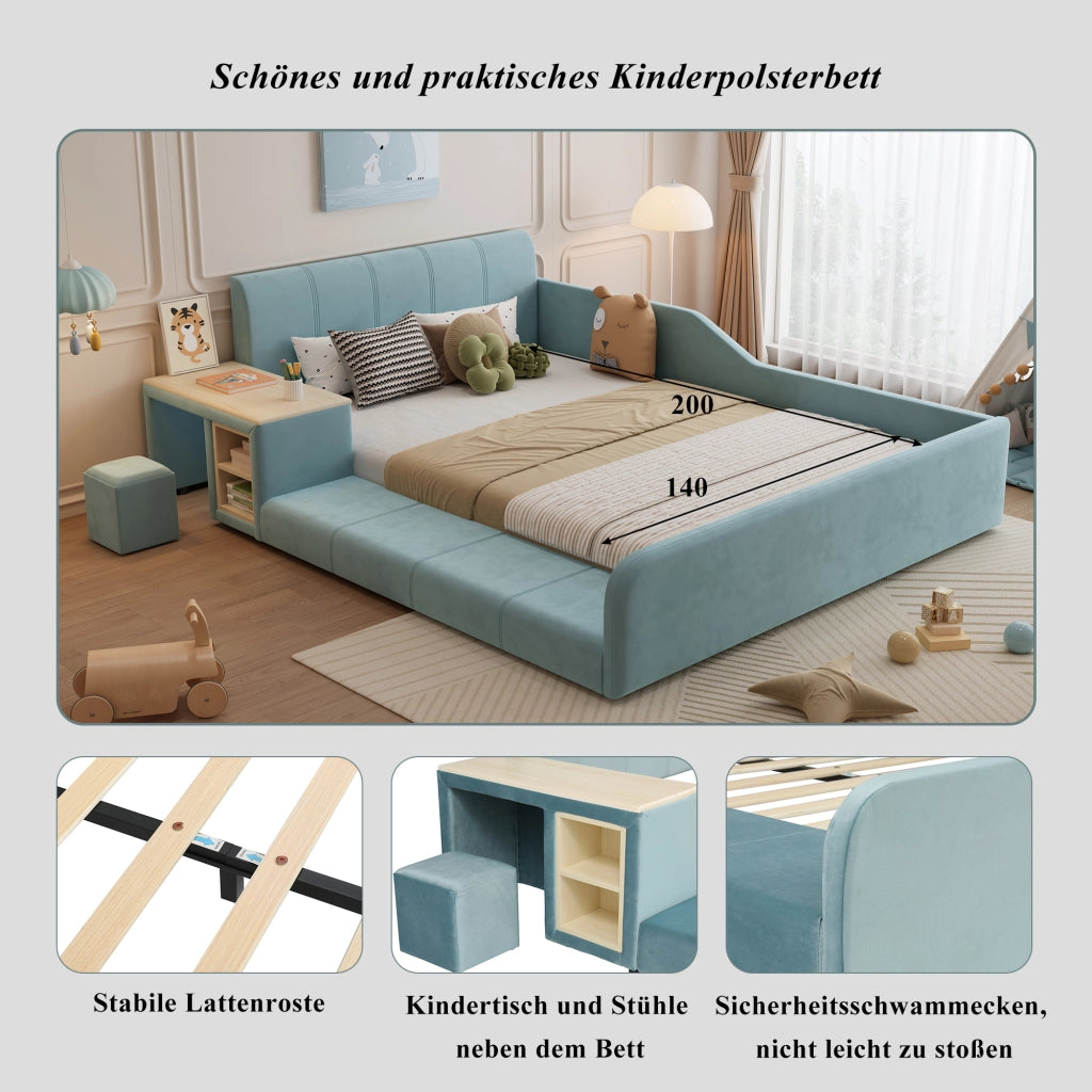 Letto per bambini imbottito con scrivania e sgabello; vani portaoggetti e doghe; velluto blu; 140x200 cm; senza materasso