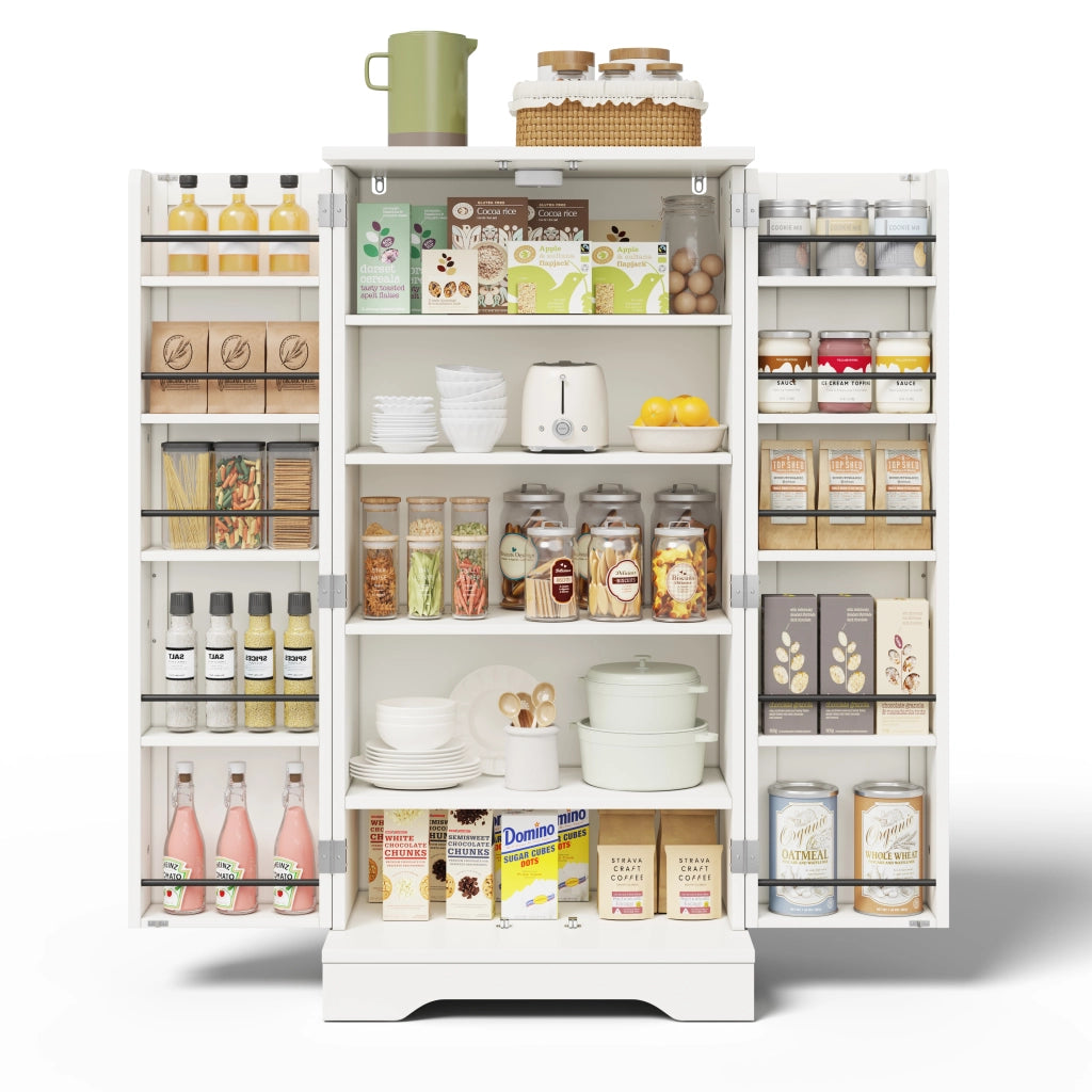 Credenza alta moderna 120x60x40 cm in MDF bianco con luci LED sensore, ripiani regolabili e chiusura clip