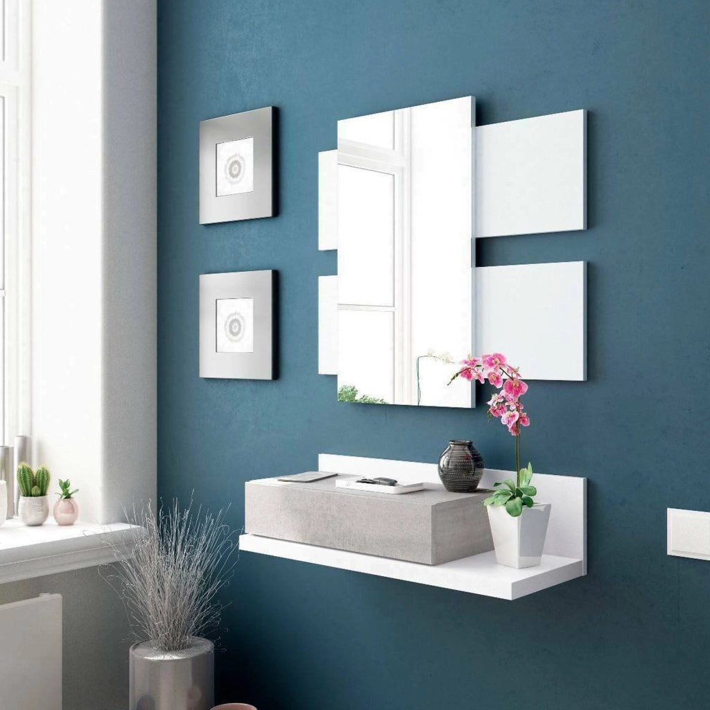 Mobile da ingresso Anro, Entratina sospesa con specchio, Mobile con cassetto per entrata, cm 75x29h90, Bianco e Cemento