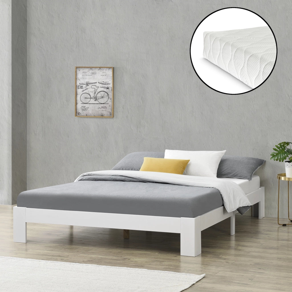 Letto in Legno di Pino con Materasso a Schiuma Fredda 180 x 200 cm Letto Matrimoniale King Size in Design Minimal - Bianco