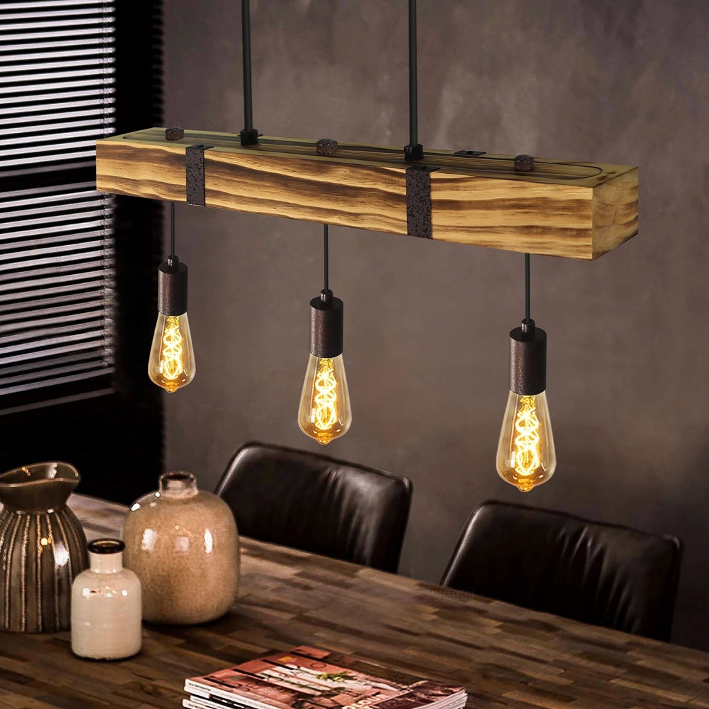 Lampada a sospensione ZMH retr¨° legno trave diametro 61 cm 3 attacchi E27 altezza regolabile potenza 25W