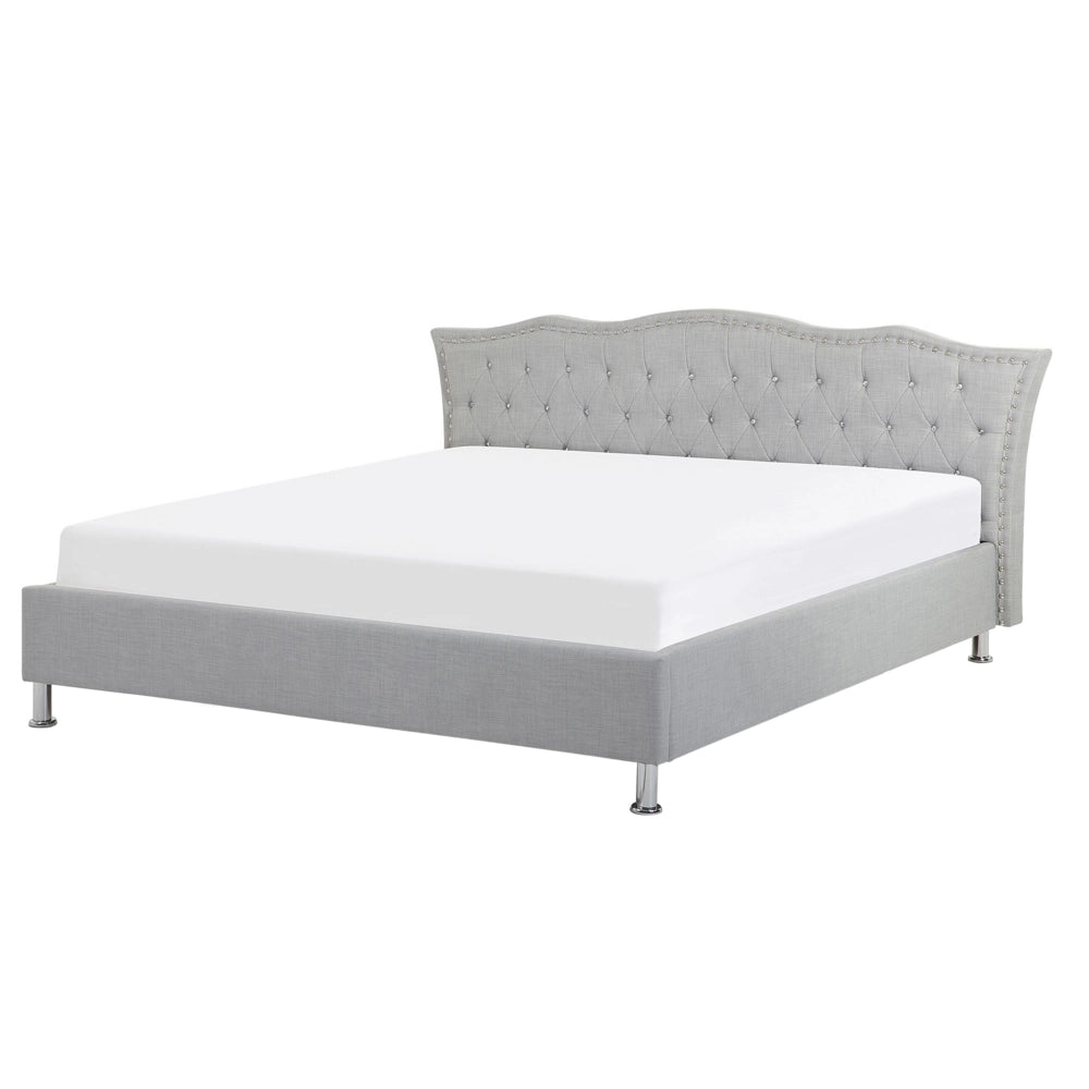 Letto 160 x 200 cm Tessuto grigio Cornice imbottita Bottoni in cristallo Poggiatesta con cornice imbottita