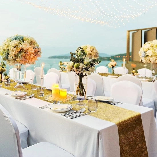 Decorazione di tavola luccicante dorata per matrimonio, festival e Capodanno
