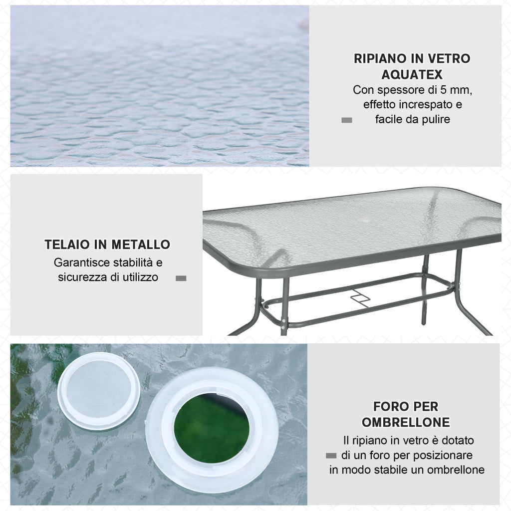 Tavolo da Giardino con Foro per Ombrellone ¨C zephmum ¨C Grigio Metallo Vetro 140x80x70cm