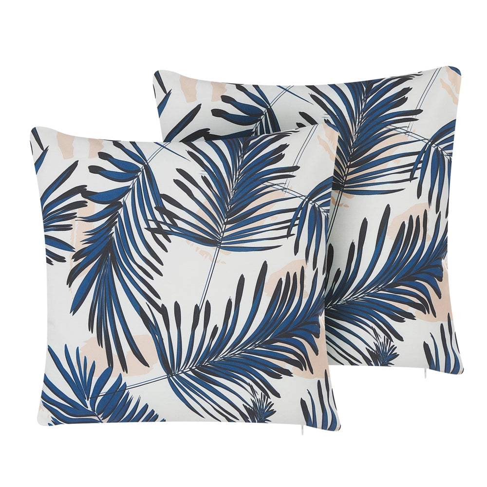 Set di 2 cuscini da esterno in poliestere blu 45 x 45 cm con motivo a foglia di palma da giardino e patio