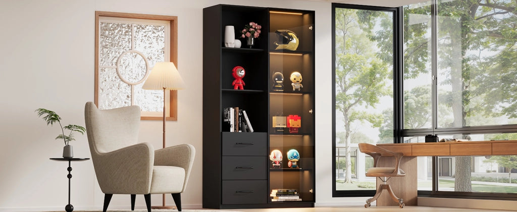 Libreria vetrina con LED e 3 cassetti, con 3 vani aperti e porta in vetro temperato, nero, 80 × 40 × 160 cm