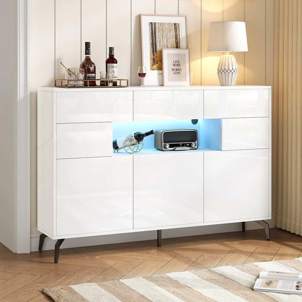Credenza Soggiorno 140x30x94cm - Xylo - Lucida con 3 Cassetti e Luci LED, Colore Bianco