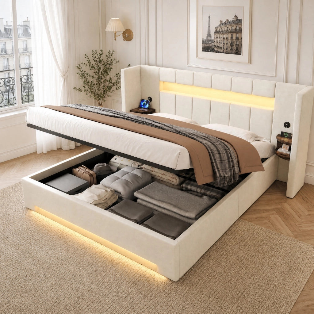 Letto contenitore 180 × 200 cm con testiera ampia USB LED vani laterali e sollevamento idraulico in velluto beige