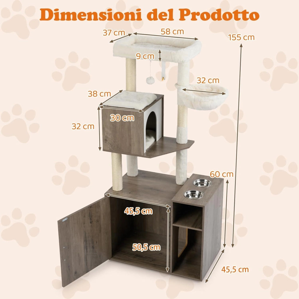 Mobiletto per Lettiera per Gatti, Tiragraffi per Gatti con Posto Graffio in Sisal e Tappetino, Pallina Pendenti, Toilette Nascosta e 2 Ciotole per Cibo, Mobili Moderni per Gattini (Grigio)