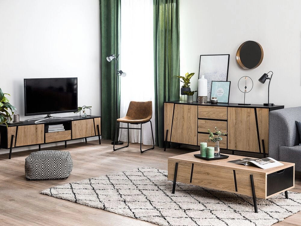 Mobile TV in legno chiaro e gambe in metallo Nero per un massimo di 76 ʺcon 1 cassetto e 2 armadi in stile industriale