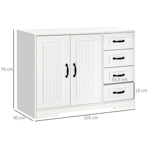 Credenza bianca con 4 cassetti, ripiano regolabile e dispositivo antiribaltamento, 105x40x76 cm