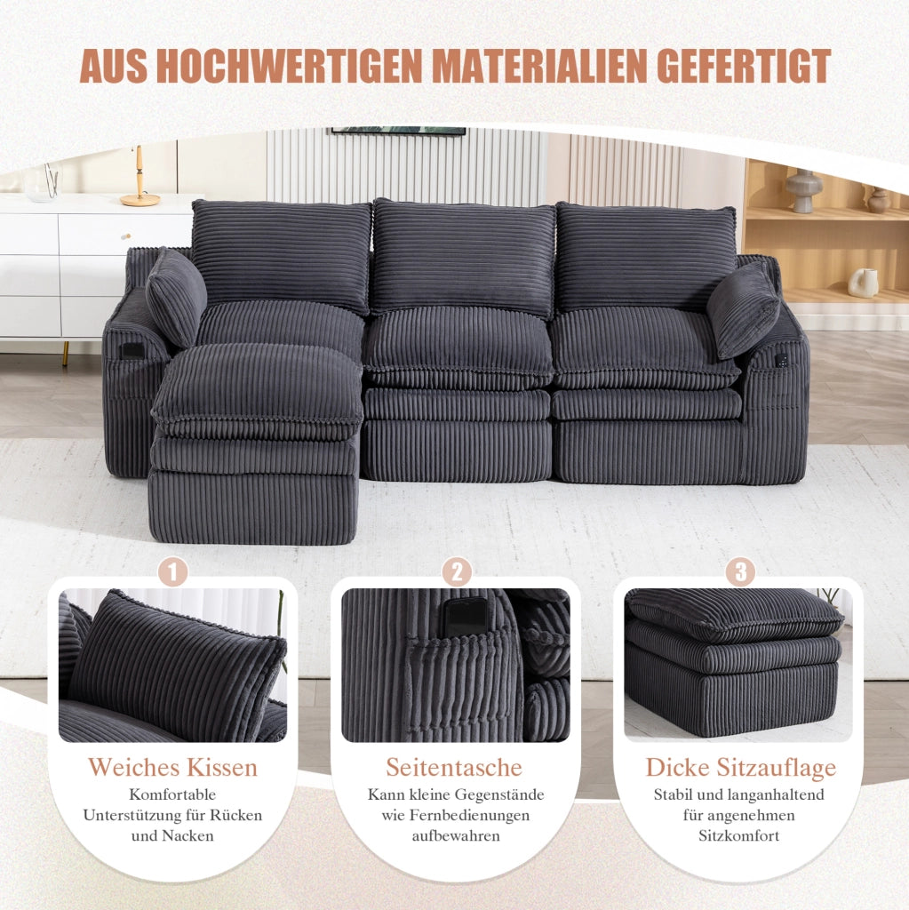 DIVANO MODULARE 263x167x85 cm Velluto a coste Grigio scuro con pouf