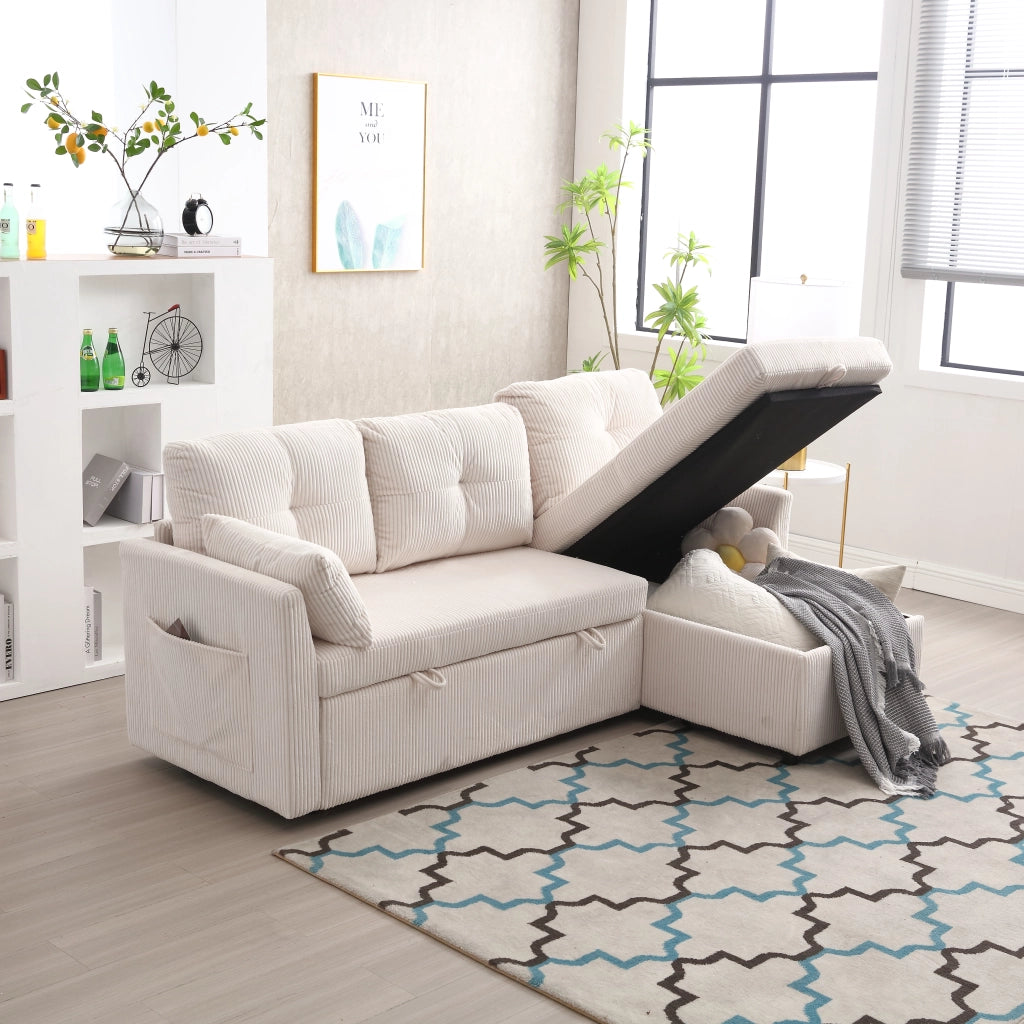 DIVANO LETTO Modulare 206x108x66-88 cm Corduroy Beige con contenitore